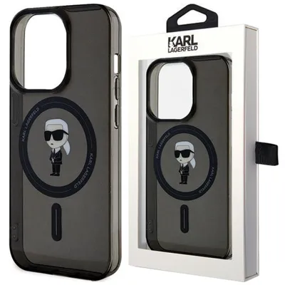 A Karl Lagerfeld iPhone case is shown in its packaging and also outside of it.