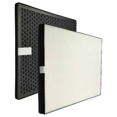 Two air purifier filters, one with a honeycomb structure and the other with a pleated filter, are shown against a white background.