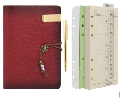 Produktbild von Tagebuch Notizbuch Ringbuch A6 Weinrot Leder Nachfüllbar mit Stift 160 Seiten 100GSM