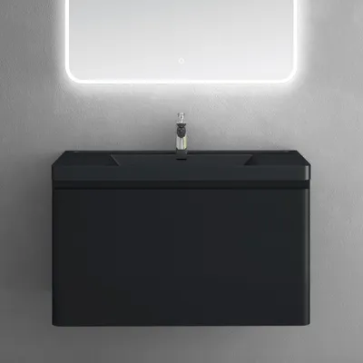 Produktbild von doporro Waschbeckenunterschrank Waschtisch mit Unterschrank Wandmontage in matt schwarz, BTH: 90x48x50 cm, inkl. Mineralguss-Waschbecken Ancona