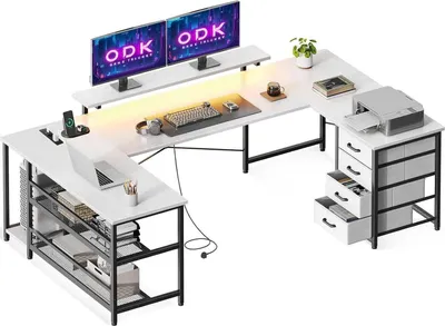 Produktbild von ODK Eckschreibtisch mit Schubladen, Steckdosen, USB, LED, Monitorständer 167×102cm