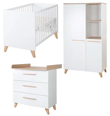 Zdjęcie produktu dla Zestaw mebli do pokoju dziecięcego roba Babyzimmer Leon, 3-elementowy - łóżeczko dla dziecka i łóżeczko dostawne 60 x 120 cm + komoda do przewijania + szafa dziecięca dwudrzwiowa - biały / dekor dąb Othello