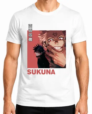 Imagen del producto de Camiseta para hombre, diseño de Jujutsu Kaisen, con la imagen de Sukuna (Ryomen Sukuna), estilo anime, con motivos de maldiciones y el personaje como villano. Color blanco, talla XL