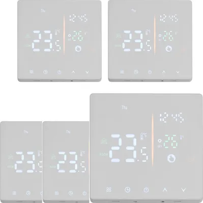 A collage of digital thermostats with illuminated screens displaying temperature and time.