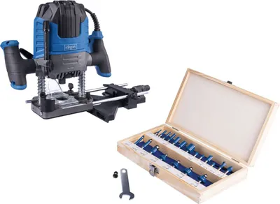 A router and a set of router bits are displayed on a white background.