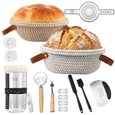 Produktbild von REMZETTA Sauerteig Starter Set 21-teilig mit 2 Gärkörben rund und oval, 730 ml Sauerteigglas, Teigbesen, Teigschaber und Brotbackzubehör für selbst gebackenes Brot