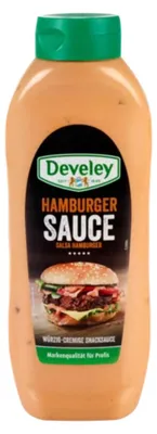 Verpackungsbild Develey Hamburger Sauce vegan in einer Kopfstandflasche 875ml