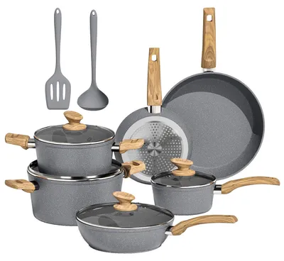 12-teiliges Kochgeschirr-Set, antihaftbeschichtet, grau, induktionsgeeignet