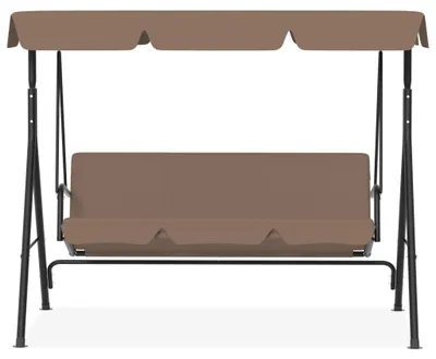 Image de Balançoire hollywoodienne QEENTOE, 3 places, avec auvent, rembourrée, supportant jusqu'à 200 kg, dimensions 193x110x152 cm, couleur marron foncé, pour jardin
