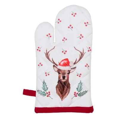 Produktbild von Clayre & Eef Kinderofenhandschuh 12x21 cm Weiß Rot Baumwolle Hirsch und Stechpalmenblätter