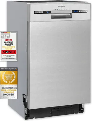 A front-facing view of a silver dishwasher with several award badges on its left side.