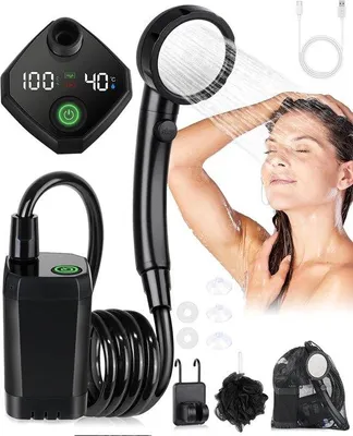 Produktbild von Famanu Tragbare Campingdusche 6000 mAh - Pumpe und Temperaturanzeige - Outdoor Set - Duschkopf - 2 m Schlauch - Schwarz
