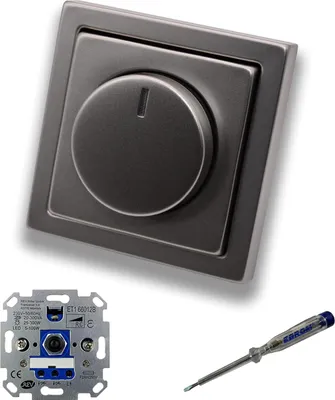 Produktbild von REV Ritter LED Drehdimmer LED-Dimmer mit Busch Jäger Dimmerscheibe Zentralplatte 6540-866-102 Einfachrahmen in PUR Edelstahl inklusive EBROM Phasenprüfer z. Montage des Dimmers ET1 66012B