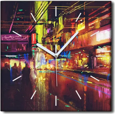 Produktbild von Coloray Uhr auf Leinwand 30x30 cm Wand Uhr Dekoration Wohnzimmer Segeltuch weiße Zeiger -City Night Streets.
