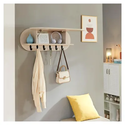 Produktbild von Wandgarderobe mit Ablage Vilkön Garderobenleiste mit 6 Haken Flur Garderobenpaneel 80 x 16 x 30 cm Beige