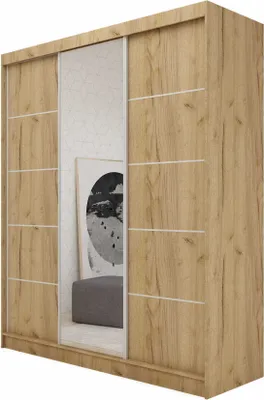 Produktbild von AGMAT Schwebetürenschrank Kira, Kleiderschrank mit 3 Türen und Spiegel und 2 Schubladen, Moderne Garderobe in Farbe: Artisan, Schrank in Größe: 180 x 216 x 61 cm