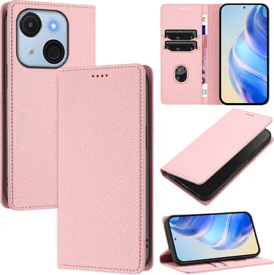 Image de Etui en cuir pour itel A50C, Litschi cuir, étui portefeuille avec fentes pour cartes et support Rose