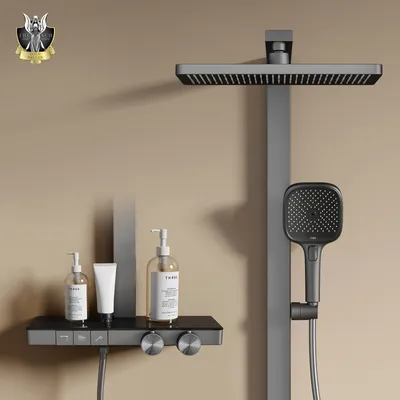A modern shower system with a rain showerhead, handheld shower, and a shelf with toiletries.