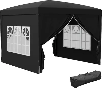 Produktbild von Outsunny Pavillon ca.3x3m, wasserabweisend Stabil Winterfest Pop-up Faltpavillon, UV Schutz 50+, Faltbar Partyzelt Gartenzelt mit 4 Seitenteilen Tasche Gartenpavillon für Camping Garten, Schwarz