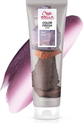 A tube of Wella Color Fresh Mask in Lilac Frost shade, with a swatch of the product's color next to it.