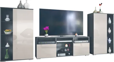 Produktbild von Vladon Wohnwand Davos, Anbauwand bestehend aus 2 Vitrinen und 1 TV-Board, Anthrazit matt/Sandgrau Hochglanz (329 x 134 x 35 cm)