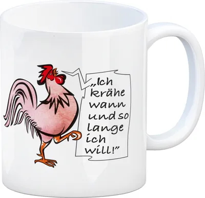 Produktbild von Kaffeebecher mit Hahn Motiv in rot und Spruch: Ich krähe so lange ich will!