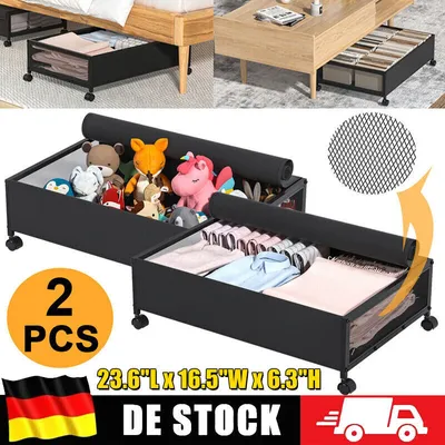 Produktbild von 2er Pack Unterbettkommode Schwarz Unterbettbox Unterbett Aufbewahrung Kommode Aufbewahrungsbehälter mit Rädern&Decker