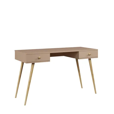 Produktbild von Schreibtisch Macchiato Beige NATURA 135cm Bürotisch mit 2 Schubladen Soft-Close & Echtholzbeinen Boho Skandi