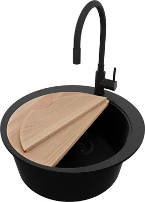 Produktbild von PRIMAGRAN Granitspüle Alles Schwarz 53x53cm, Spülbecken Rund 1 Becken + Ablauf-Set + Küchenzubehörset, Küchenspüle ab 50er Unterschrank - Pisa Max