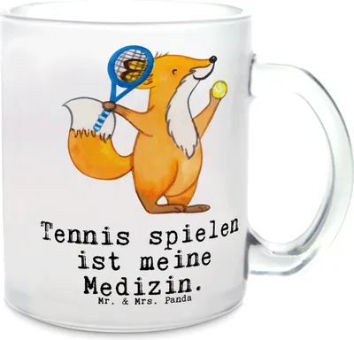 Produktbild von Mr. & Mrs. Panda Häferl Fuchs Tennis spielen - Transparent - Geschenk, Ballsportart, Tennisclub, Tee Tasse, Tennisverein, Teetasse aus Glas, Haferl, Trinkglas, Turnier