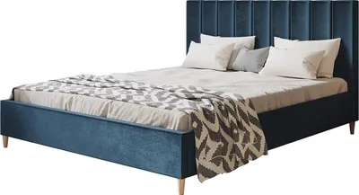 Produktbild von Polsterbett LUX TOKIO mit Kopfteil, 180 x 200 cm, Doppelbett mit Lattenrost aus Holz, Velourstoff Dunkelblau, Füße in Farbe: Braun
