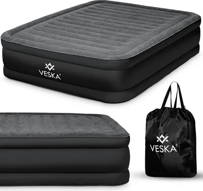 A product shot of an inflatable mattress and its storage bag.