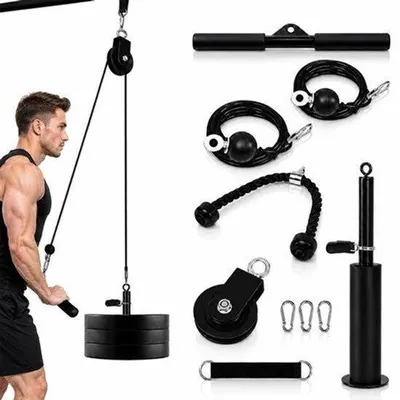 Productafbeelding van Trekkoord, fitnessset voor thuisgym, kabeltrekkoord, fitness met katrol en laadstift, triceps-trainingsapparaat met tricepstouw en optrekstang