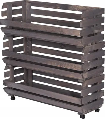 Obrázek produktu pro STOLMAK Dřevěný Regál na Brambory, Ovoce a Zeleninu na Kolečkách 77 x 79 x 30 cm, 3 Patra, Úložné Bedýnky, Šedý