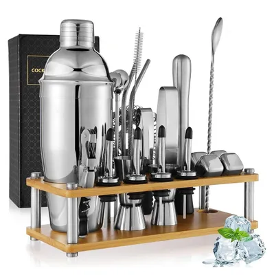 Produktbild von Barkeeper Set Cocktail Mixer, 23 teiliges Edelstahl Mixer Set mit Bambus Ständer, Messbecher und Rührer, 750ml Mixer Set für Zuhause oder die Bar