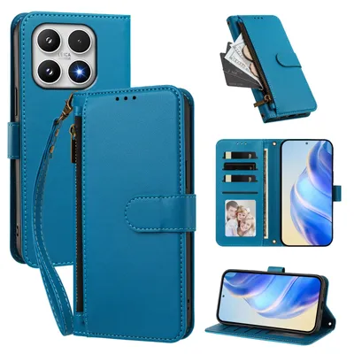 Produktbild von Geldbörse Hülle für Xiaomi 17, Kunstleder Handyhülle mit Kartenfächer, Ständer, Handschlaufe Blau