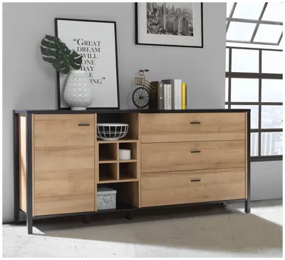 Sideboard Kommode HIGH ROCK 186 cm Riviera Eiche Optik /Schwarz Forte