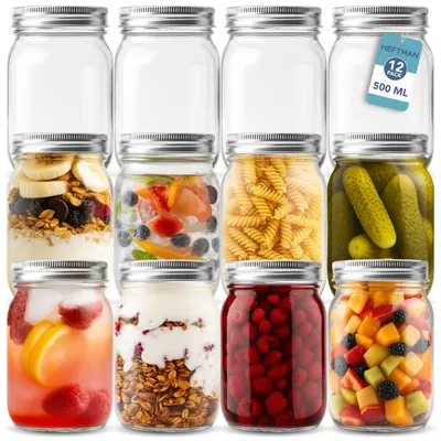 Zdjęcie produktu dla Zestaw 12 szklanych słoików Mason o pojemności 500 ml z pokrywkami