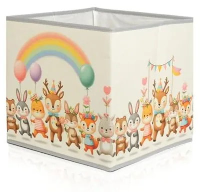 Produktbild von Prendi Home Aufbewahrungsbox 30x30x30 cm faltbar – Kinderzimmer Stoffbox Motiv Regenbogen Tiere