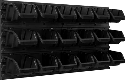 Obrázek produktu pro Skladovací systém Dílenské regály | 78 x 39 cm | 18 ks. Box | Nástěnný regál se stohovatelnými boxy - Nástěnné desky Extra silné regály s výsypkami Nástěnné regály pro nářadí Skladové regály Garážové regály