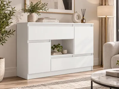 Produktbild von BEAUTYSOFA | Moderne Kombikommode MELINDA Kommode mit 4 Schränke 120 x 85 x 33 cm, Weiß, grifflosen Fronten und offenen Ablagefächern
