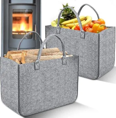 Produktbild von Unyqoos® 2er-Set Filz-Feuerholzkorb 50 x 30 x 35 cm, 5,0 mm Filz – faltbare Brennholztasche mit verstärkten Griffen, grau, auch als Einkaufstasche & Zeitungskorb
