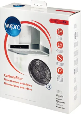 The image shows the packaging of a WPRO carbon filter for a kitchen hood.