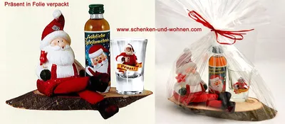 A collage of two images showing Christmas-themed gift sets featuring Santa Claus figures, small bottles of alcohol, and shot glasses, arranged on wooden bases.