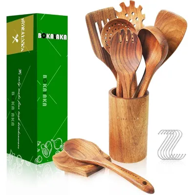 Productafbeelding van Keukenaccessoireset bestaande uit 9 delen, gemaakt van 100% natuurlijk teakhout