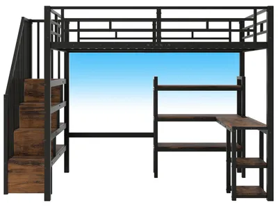 Produktbild von Merax Etagenbett 140x200cm, Hochbett Mit Schreibtisch, Metall Jugendbett Mit Treppe, Regal, USB Ladestation, LED Beleuchtung, Kinderbett, Schwarz