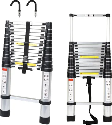 Obrázok produktu pre Jayseuw Premium hliníková teleskopická rebrík výsuvný rebrík sklopný rebrík výška 4,4 m strieborný protiskluzový viacúčelový rebrík s odnímateľnými háčikmi