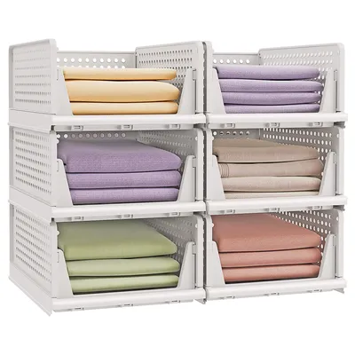 Produktbild von SONGMICS Schrank-Organizer klappbar, Kleiderschrank-Organizer stapelbar, ausziehbarer Korb 6er Set, Aufbewahrung und Organisation, Kunststoff