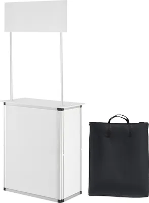 A white display stand with a banner on top and a black carrying bag next to it, all on a white background.