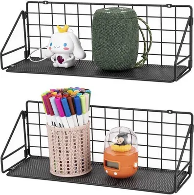 Obrázek produktu pro Ibenzoa® Sada plovoucích nástěnných polic – 2 kusy, černá barva, s kovovým držákem, rozměry 37,8 x 11,9 x 12,4 cm, nosnost až 11 kg na polici, vhodné do koupelny, kuchyně a obývacího pokoje